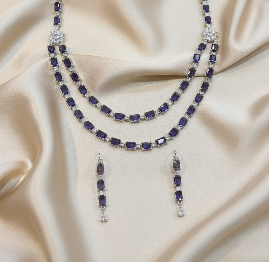 Purple Double-Strand AD Necklace & Drop Earring Set