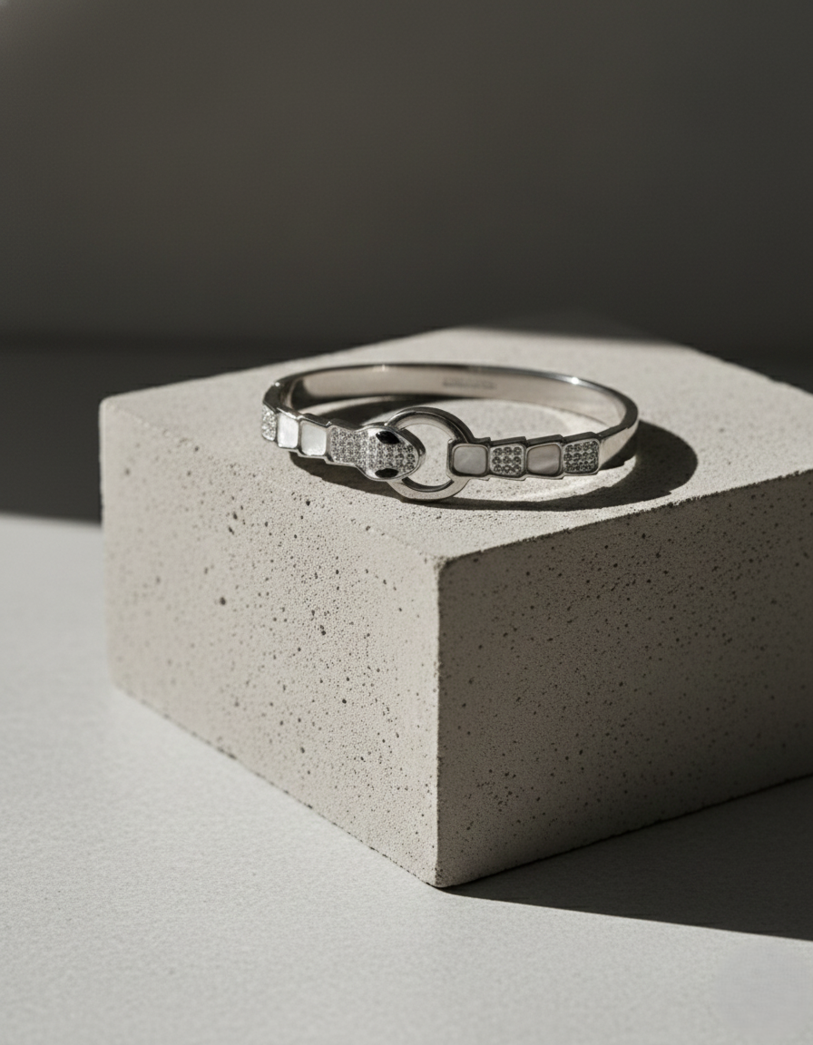 Nisa Premium Silver-Polish Snake Design With Diamond And White Pearl Studded Bracelet For Women and Girls