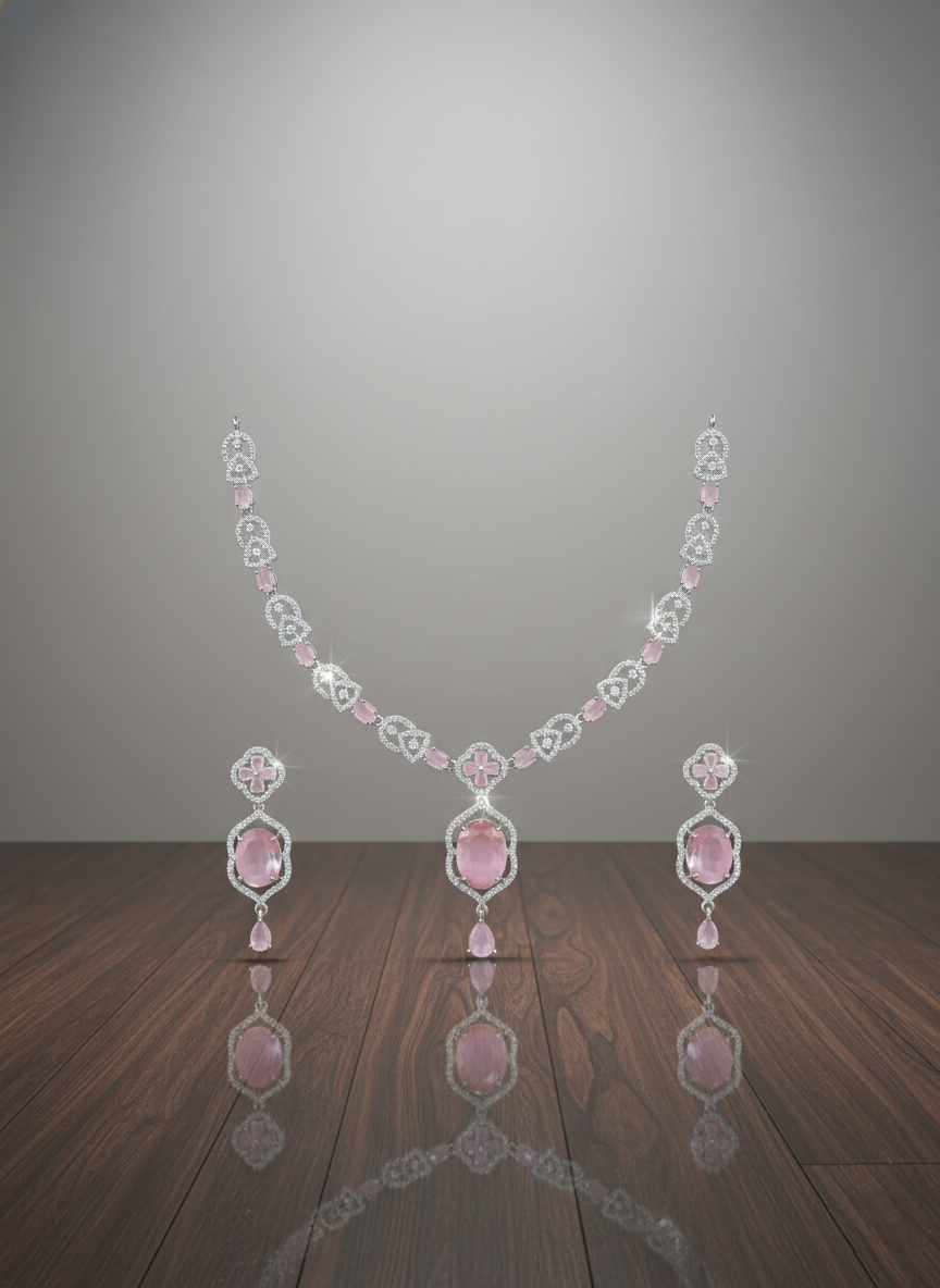 NISA Pink Quartz & Zirconia AD Necklace Set