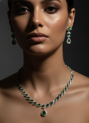 NISA Emerald Green & Silver AD Necklace Set