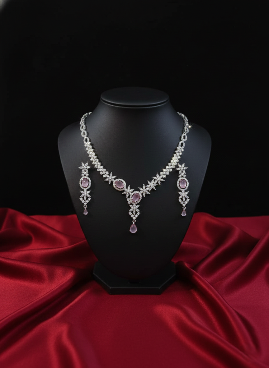 Nisa Pink Tulip AD Necklace & Earring Set