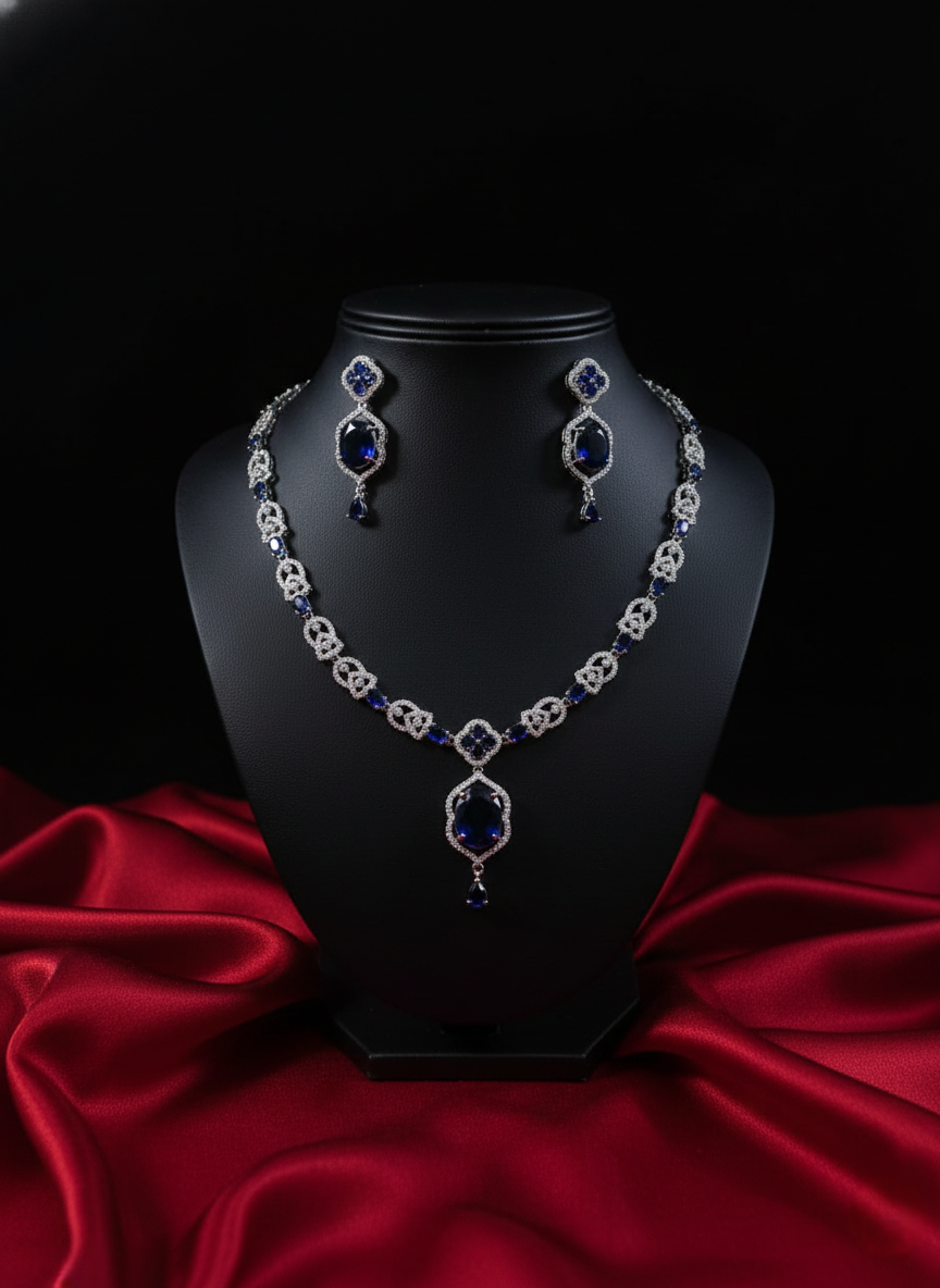 Exquisite Royal Blue AD Necklace & Earrings Set