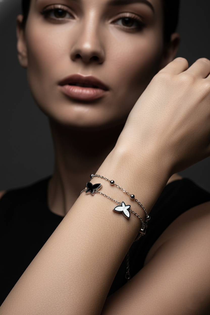 Nisa Premium Silver-Polish Butterfly Design With Black & White Pearl Studded Bracelet For Women and Girls