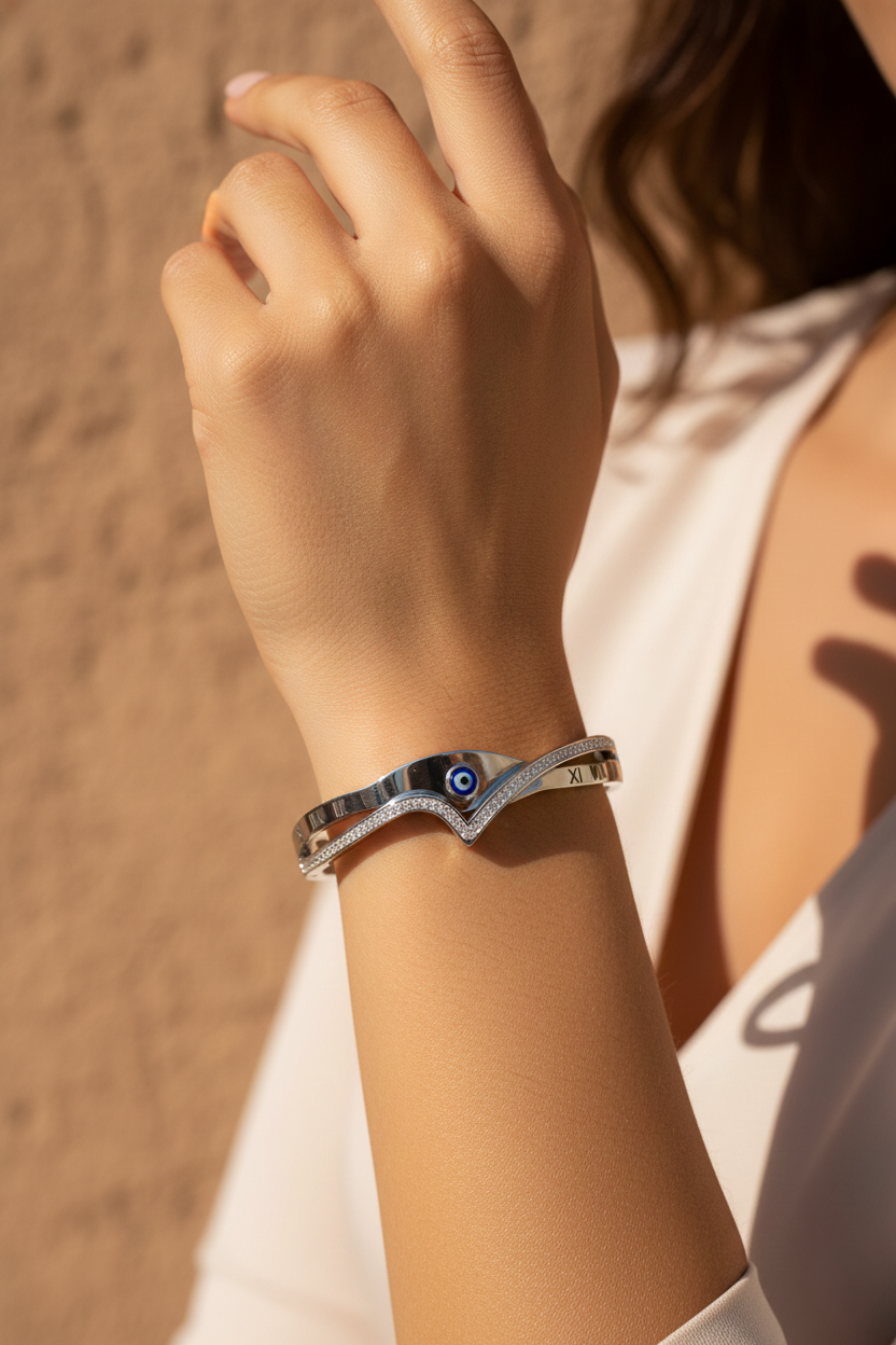Nisa Premium Silver-Polish Delicate Evil-Eye Design With Diamond Studded Bracelet For Women and Girls