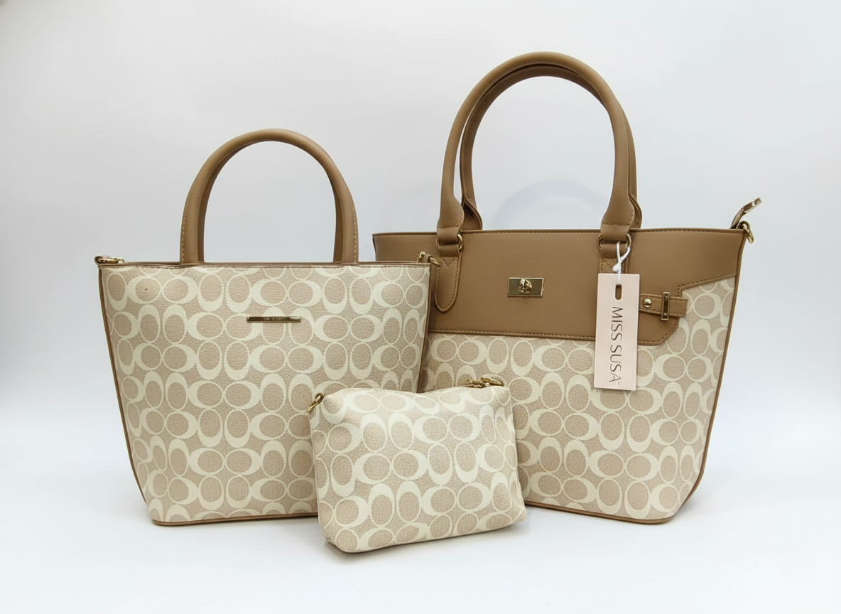 3-Pcs Combo Tote & Satchel Set - Miss Susan Gold and Cream