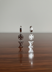 Stainless Steel Silver Monogram & Flower Drop Earrings