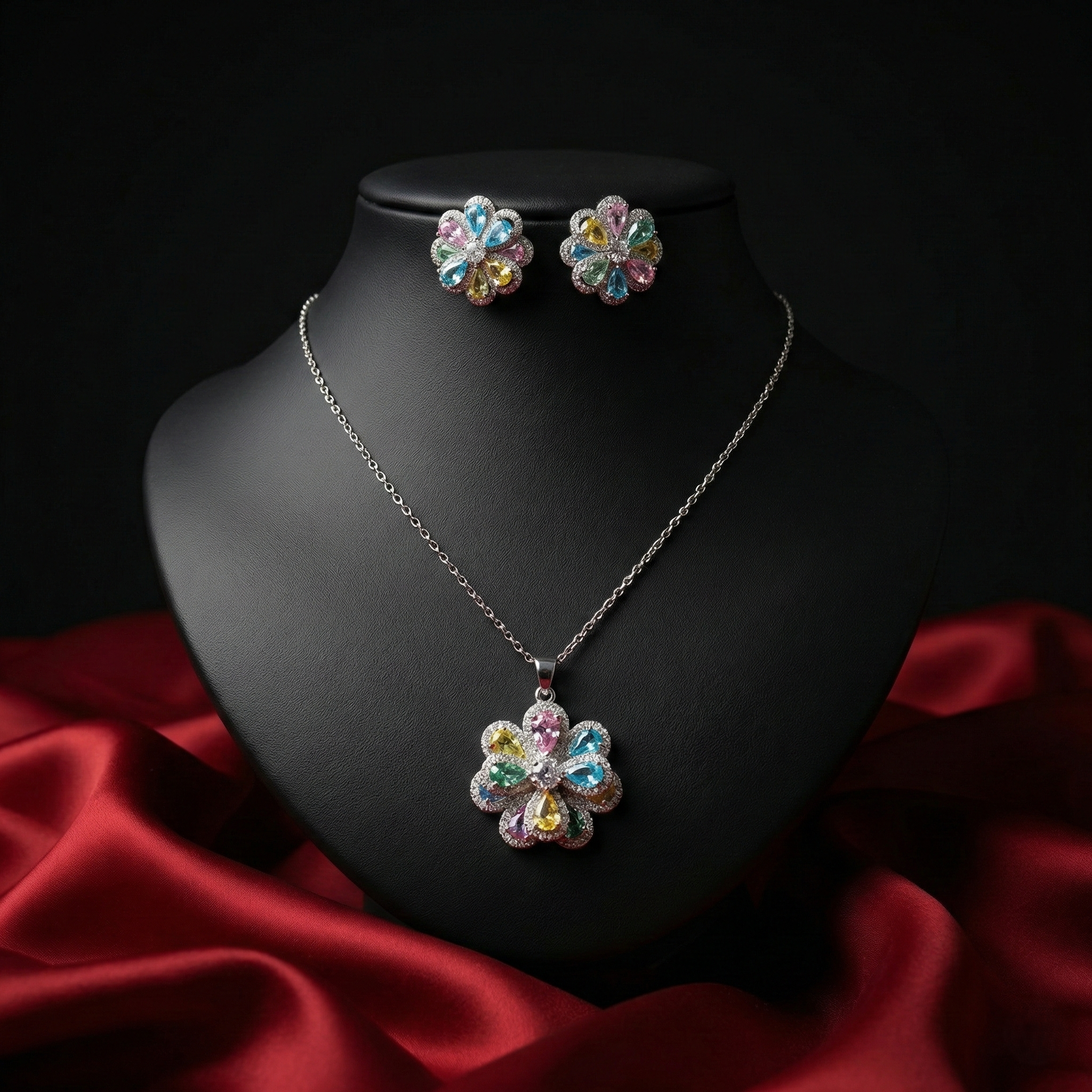 Silver-Toned American Diamond (AD) Floral Pendant Set with Earrings