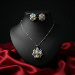 Silver-Toned American Diamond (AD) Floral Pendant Set with Earrings