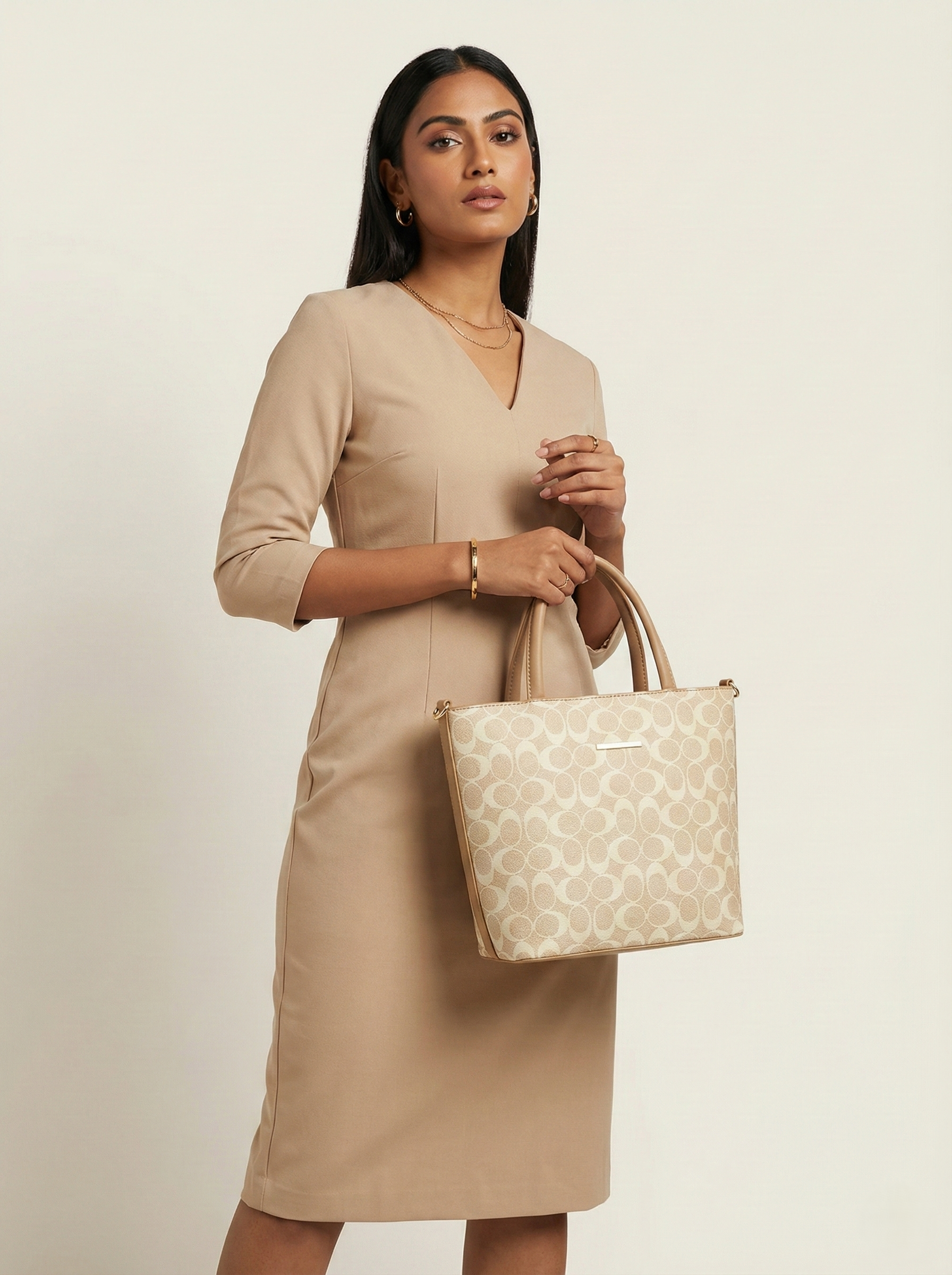 3-Pcs Combo Tote & Satchel Set - Miss Susan Gold and Cream