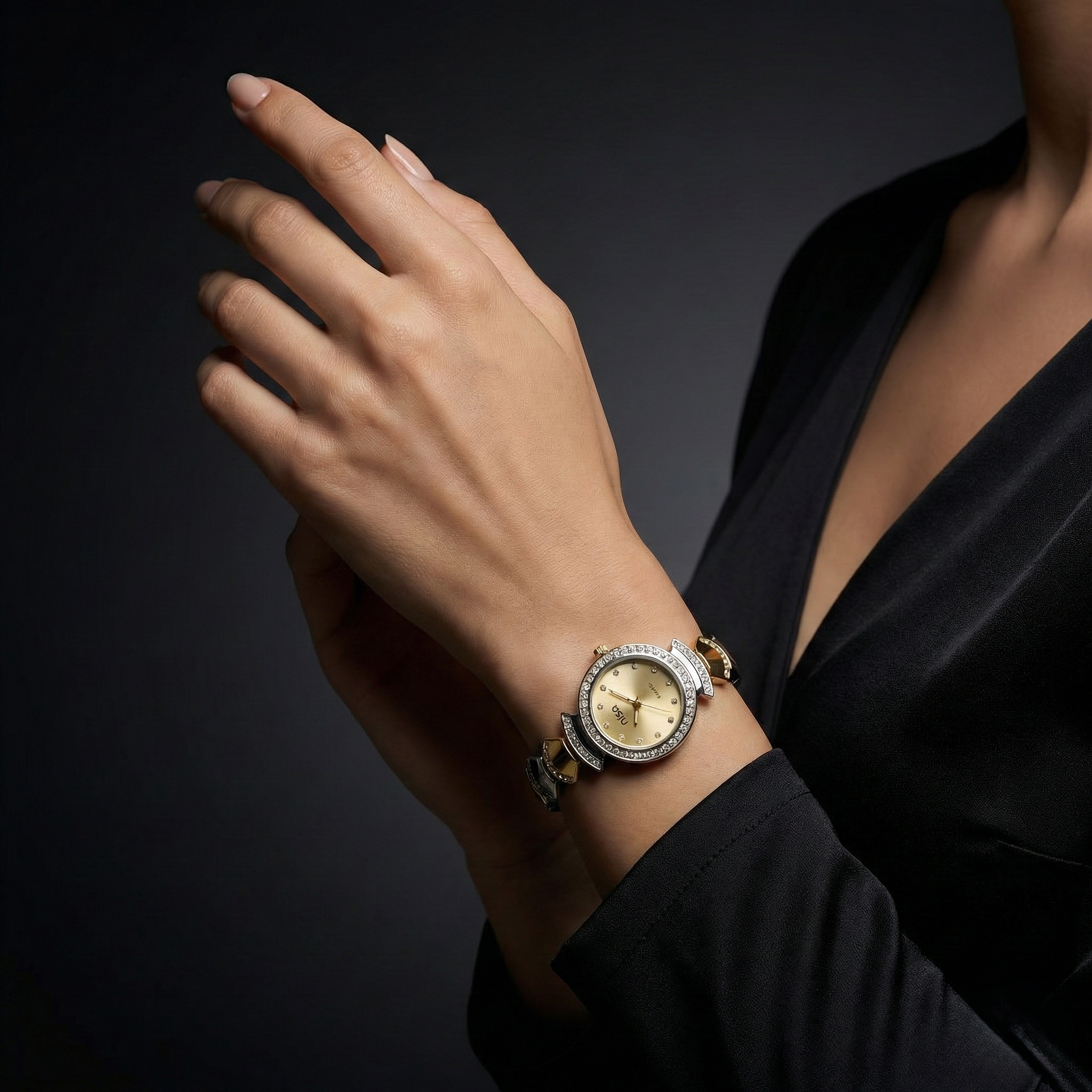 Nisa Designer Two-Tone Women’s Watch with Crystal Accents – Gold & Silver