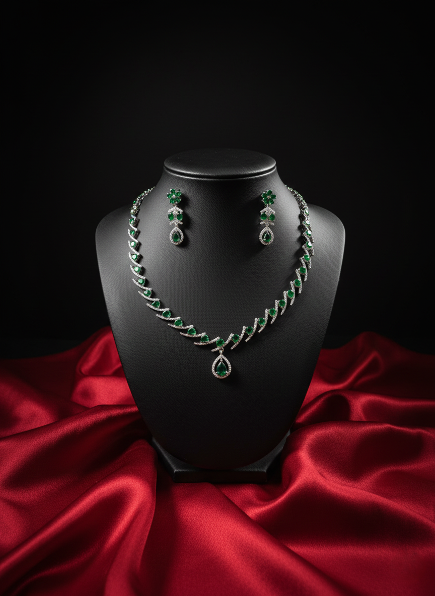 NISA Emerald Green & Silver AD Necklace Set
