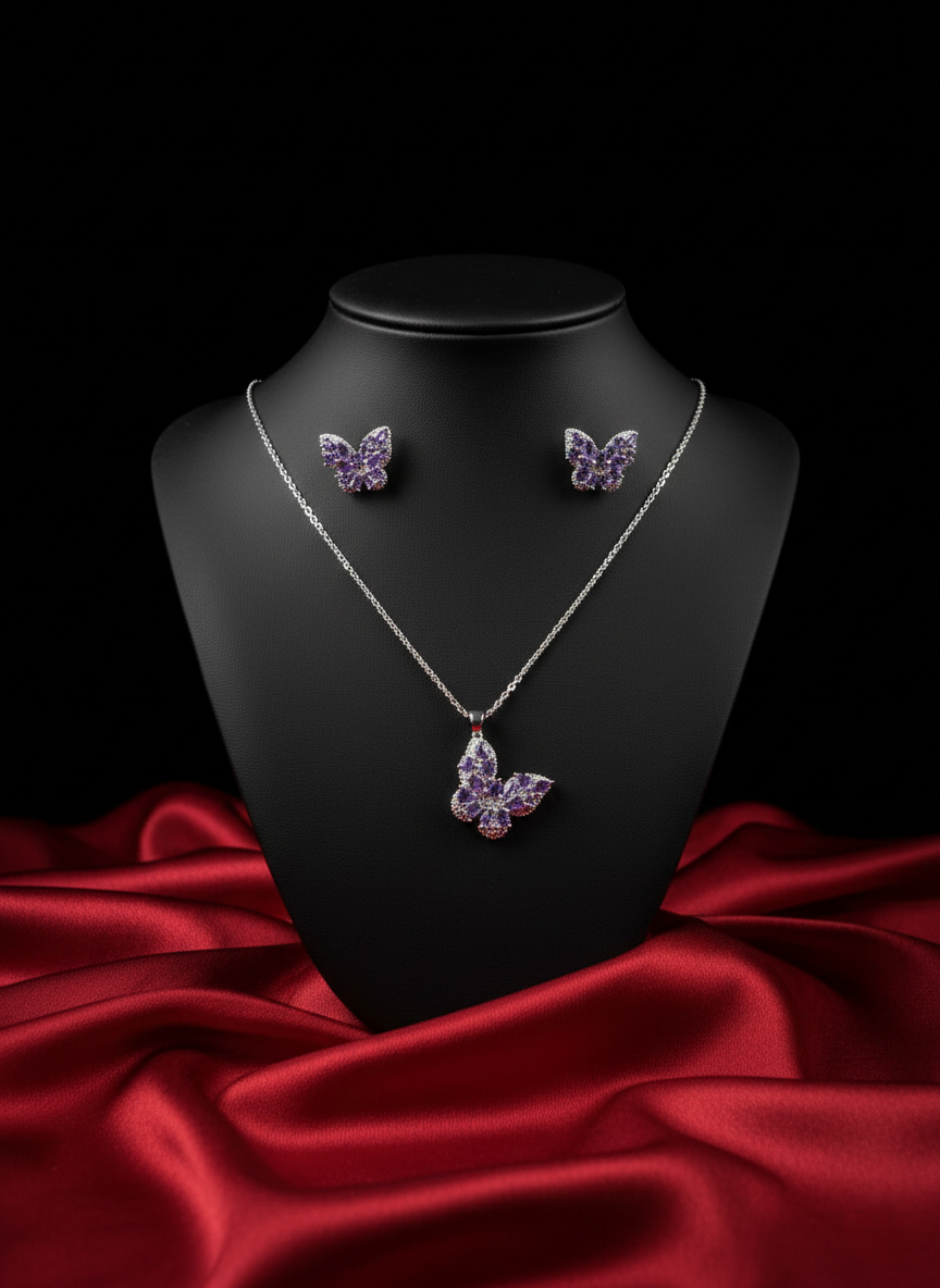 Silver-Toned Butterfly Pendant Set with American Diamonds (AD)