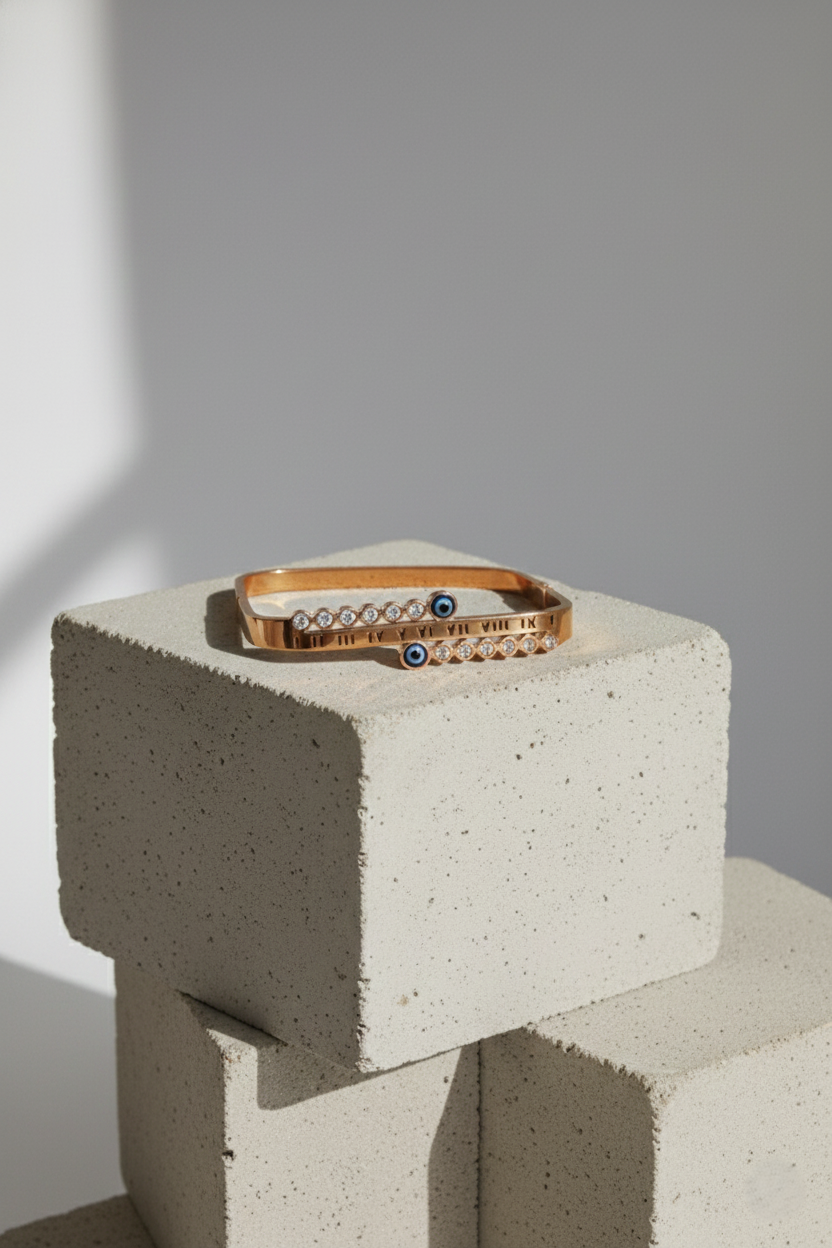 Nisa Premium Rose-Gold Polish Evil-Eye Design With Diamond Studded Bracelet For Women and Girls