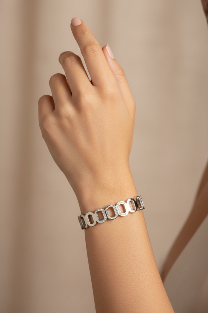 Nisa Premium Silver-Polish Joint-Chain Design With Diamond Studded Bracelet For Women and Girls