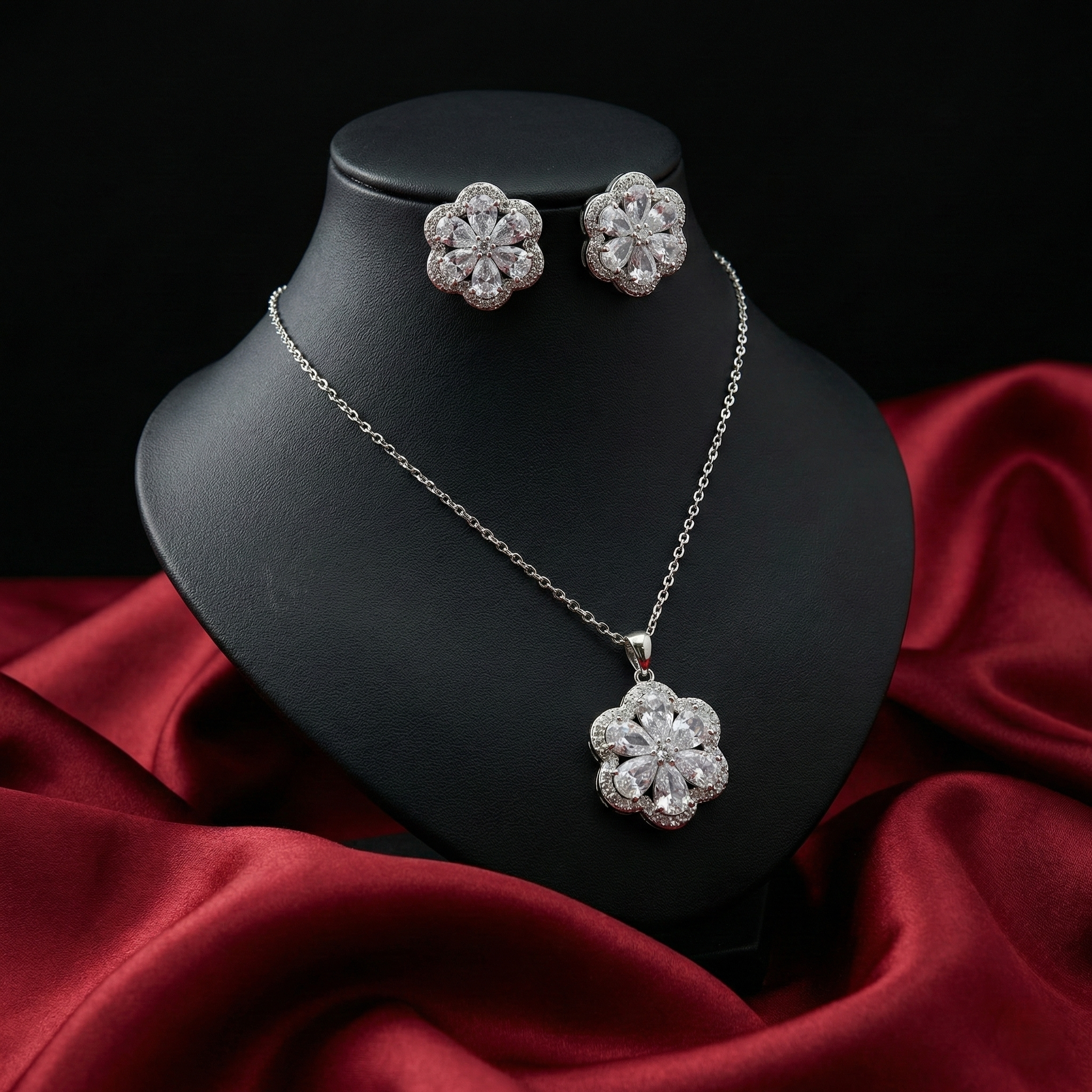 Silver-Toned Floral American Diamond (AD) Pendant Set with Matching Earrings