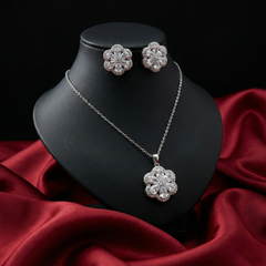 Silver-Toned Floral American Diamond (AD) Pendant Set with Matching Earrings