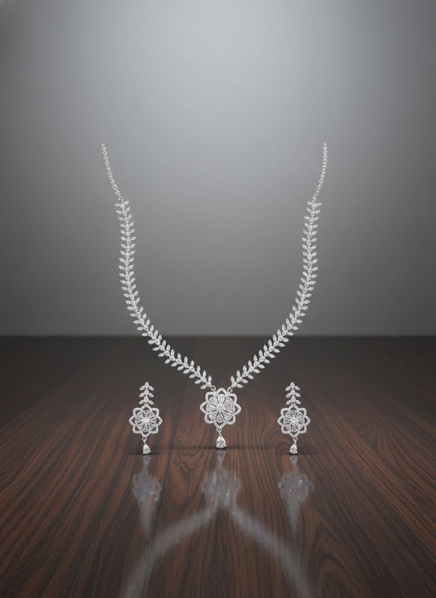 Silver Floral Bloom AD Necklace & Earrings Set