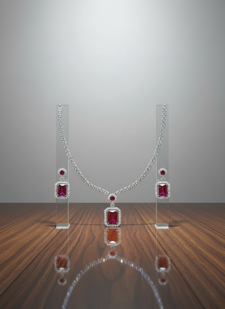 NISA  Red Crimson AD Necklace & Earring Set
