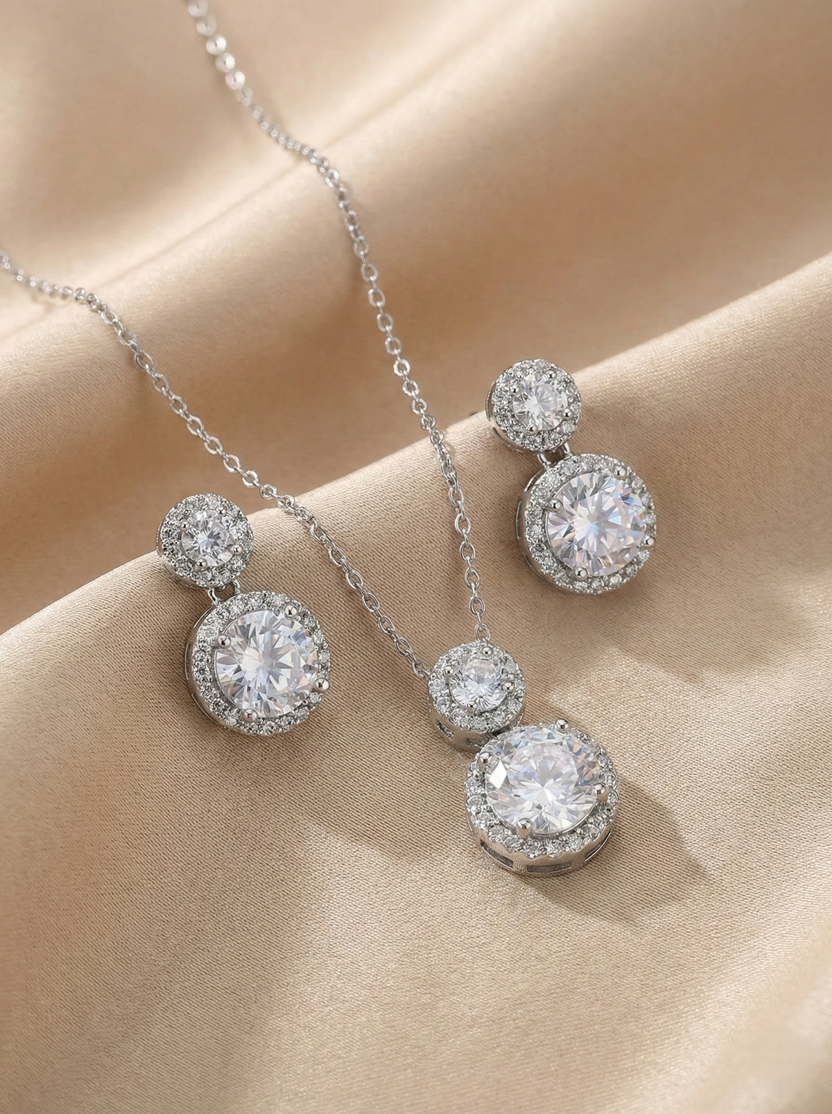 Radiant Silver-Tone American Diamond (AD) Pendant & Earrings Set
