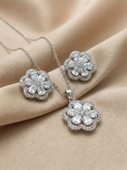 Silver-Toned Floral American Diamond (AD) Pendant Set with Matching Earrings