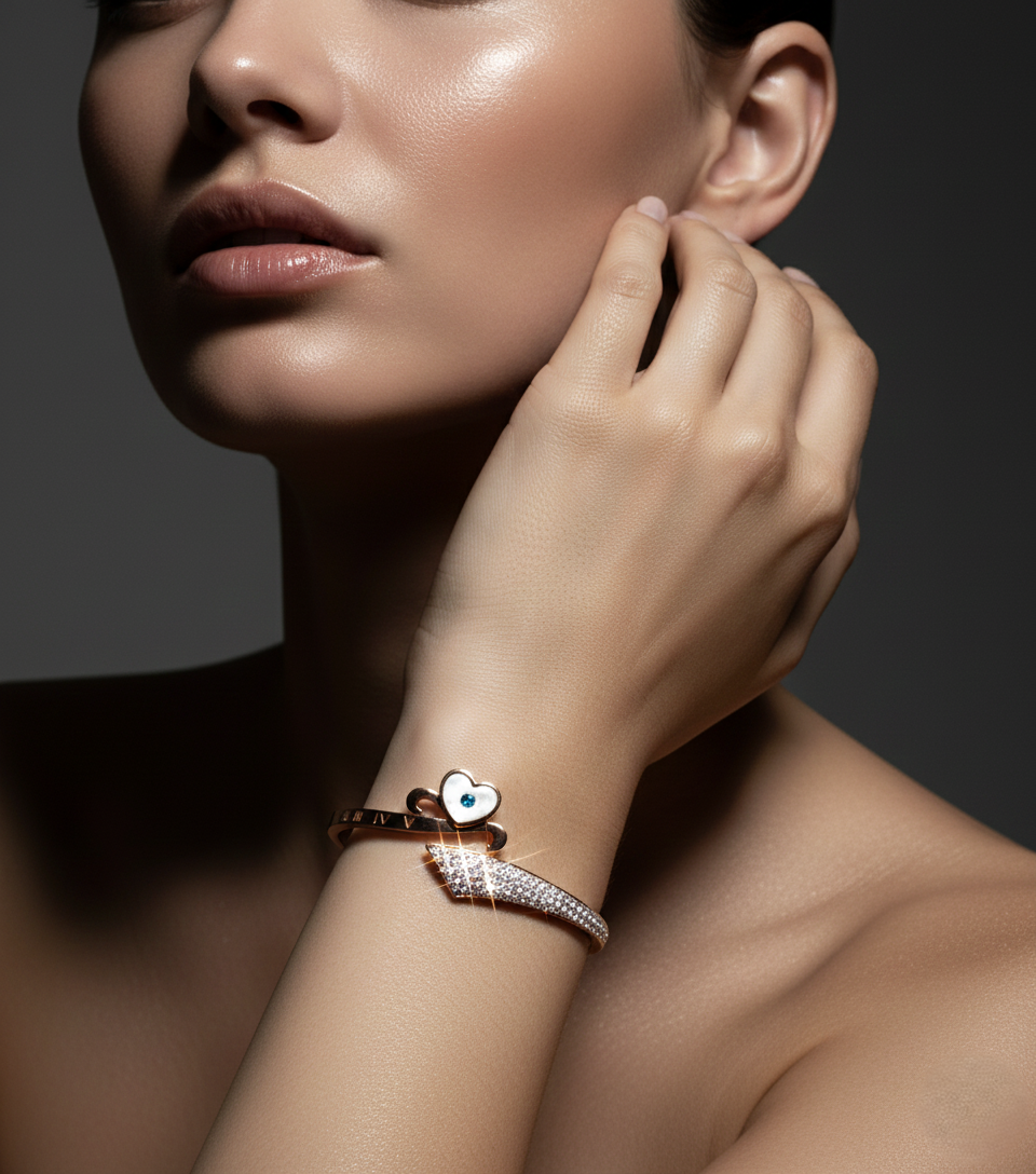 Nisa Premium Rose-Gold Polish Heart Design With Daimond And Heart Shape Pearl Studded Bracelet For Women and Girls