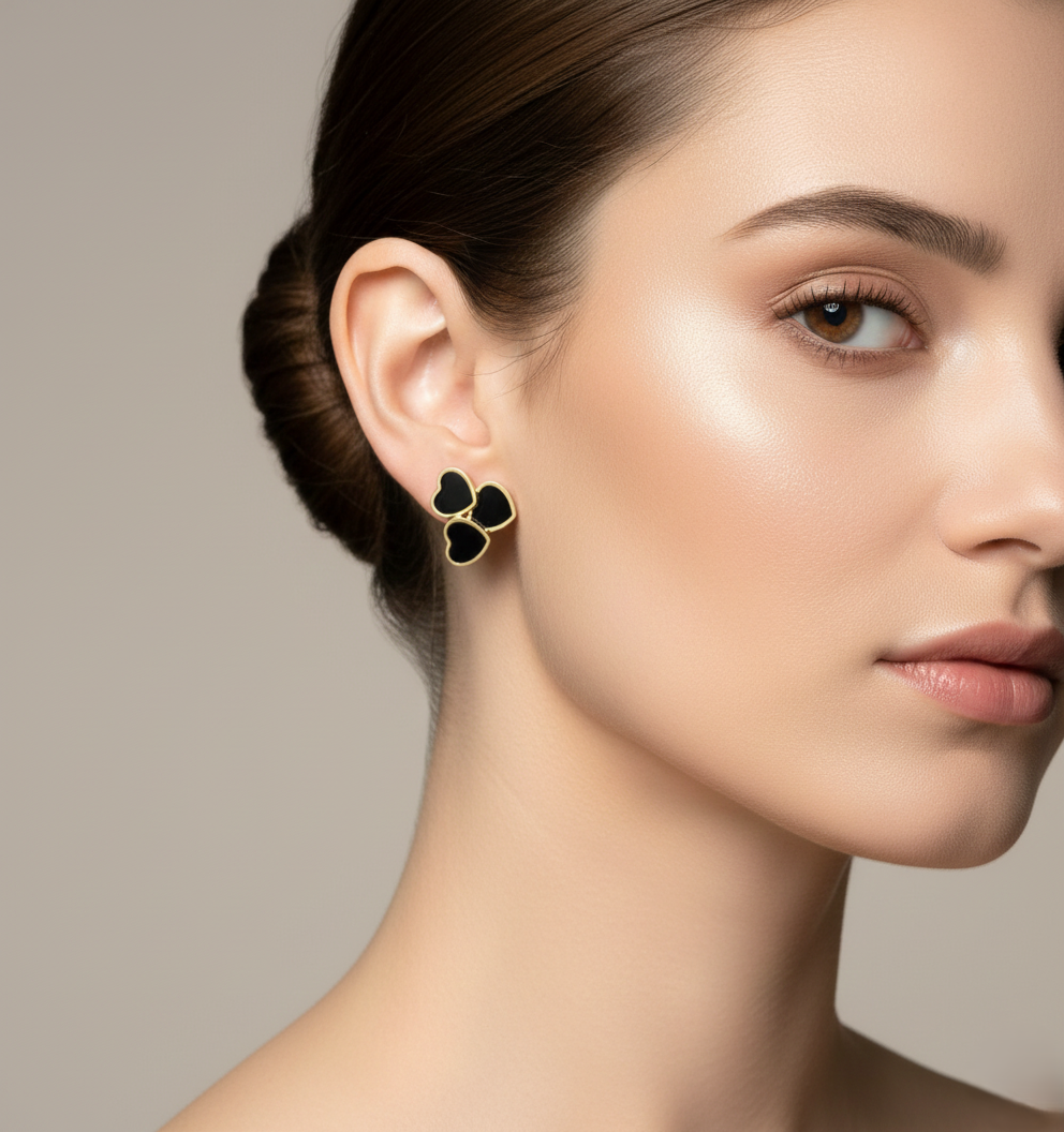 Stainless Steel Triple Heart Black Onyx & Gold Studs