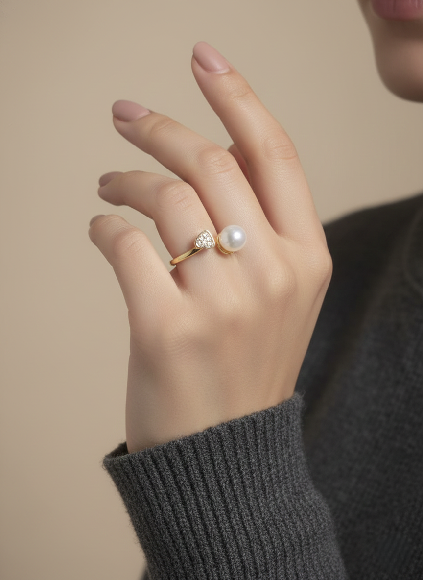 Pearl & Pavé Heart Open Finger Ring