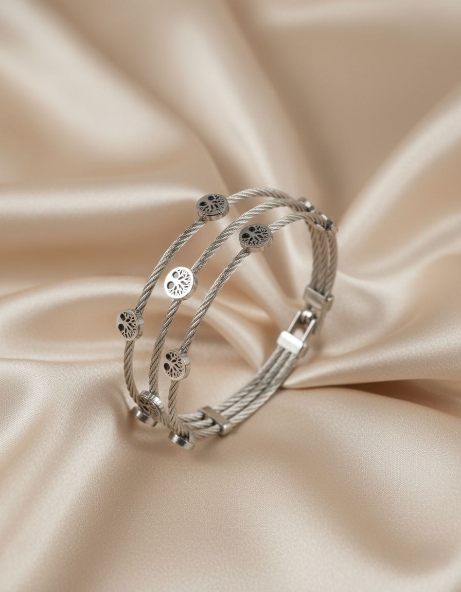 Nisa Premium Silver-Polish Tree Rings Design In Wire Bracelet For Women and Girls