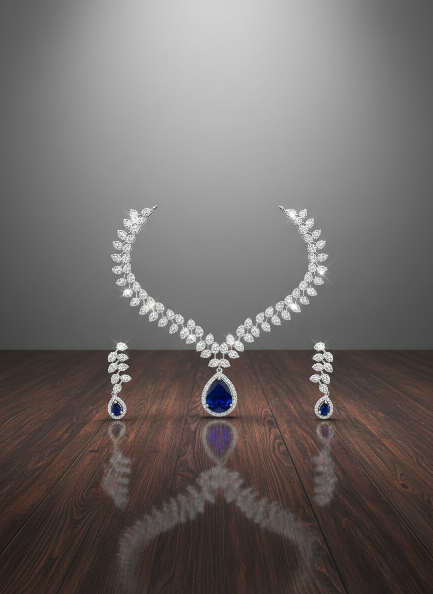 Imperial Blue Pear-Drop AD Necklace & Earring Set
