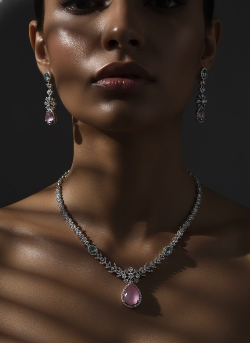 Pink & Mint Green AD Necklace & Earring Set