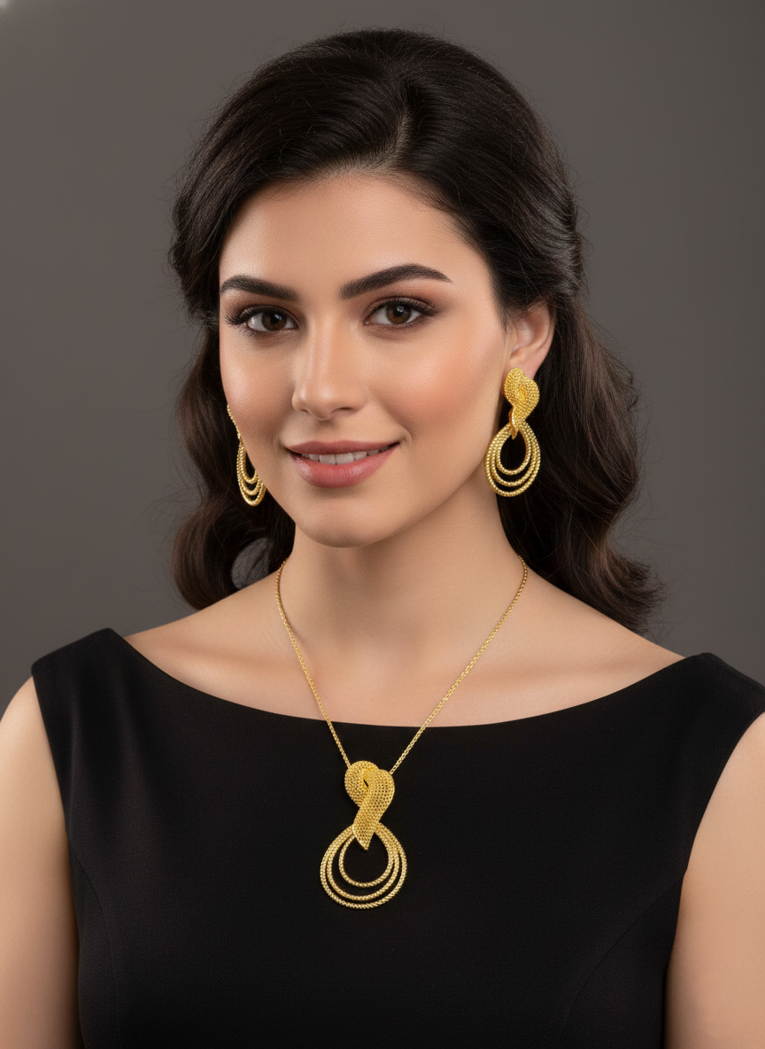 Dubai Style Gold-Tone Pendant and Earring Set