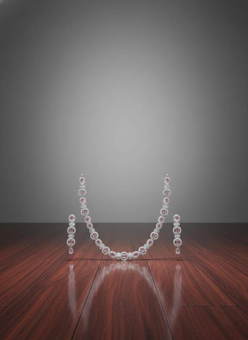 Pink Quartz & Halo AD Necklace