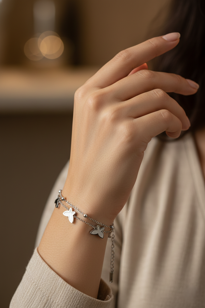 Nisa Premium Silver-Polish Butterfly Design With Black & White Pearl Studded Bracelet For Women and Girls