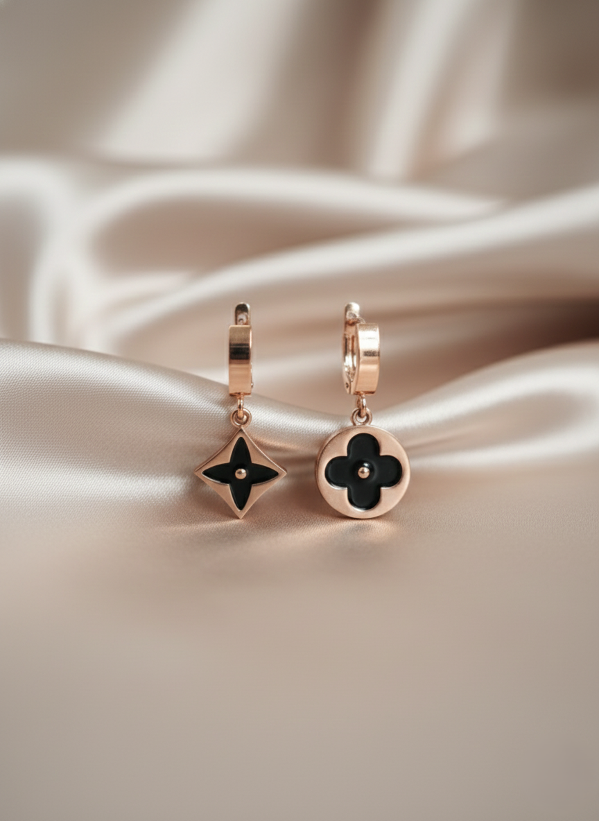 Stainless Steel RosGold-Tone Black Enamel Flower & Star Drop Earrings