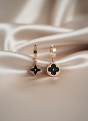 Stainless Steel RosGold-Tone Black Enamel Flower & Star Drop Earrings