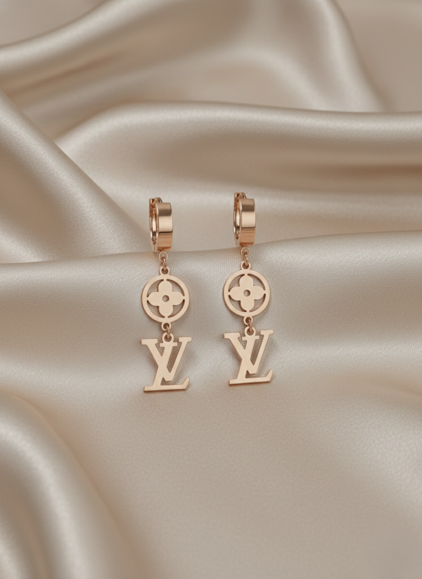 Stainless Steel Rose Gold Monogram & Flower Drop Earrings
