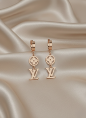 Stainless Steel Rose Gold Monogram & Flower Drop Earrings