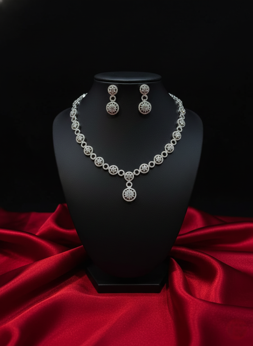 Silver-Finish AD Necklace & Earrings Set