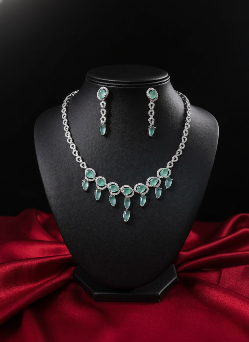 Mint Harmony: AD Necklace & Drop Earring Set