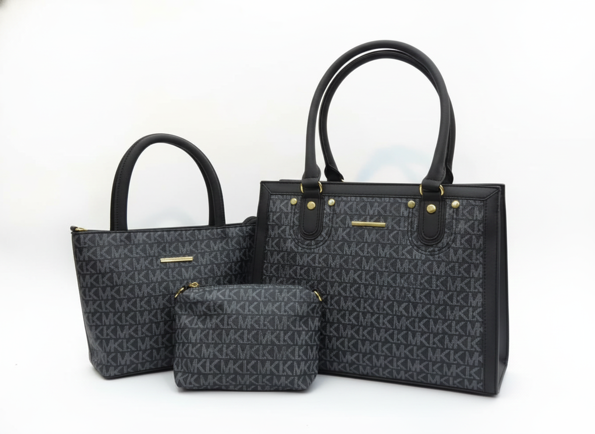 3-Pcs Combo Tote & Satchel Set  - Midnight Charcoal Black