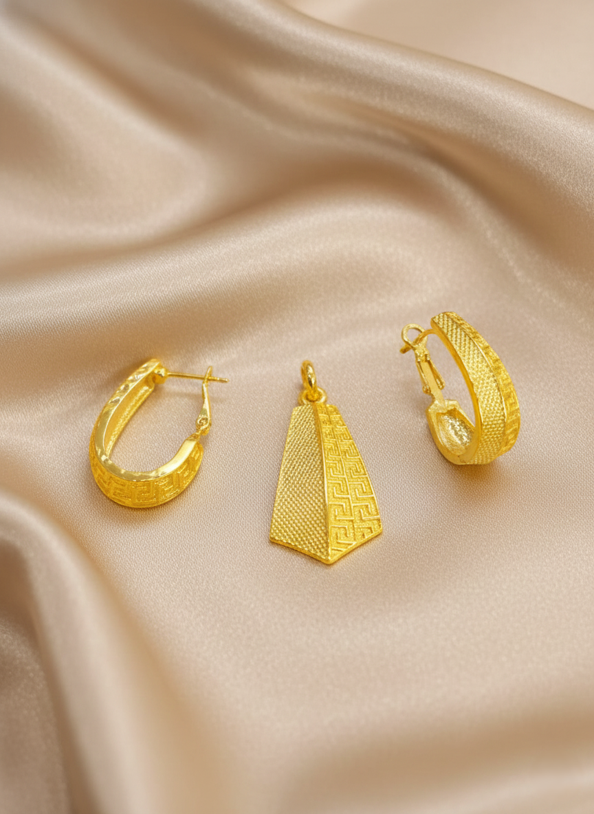 Dubai Style Gold-Tone Pendant and Earring Set