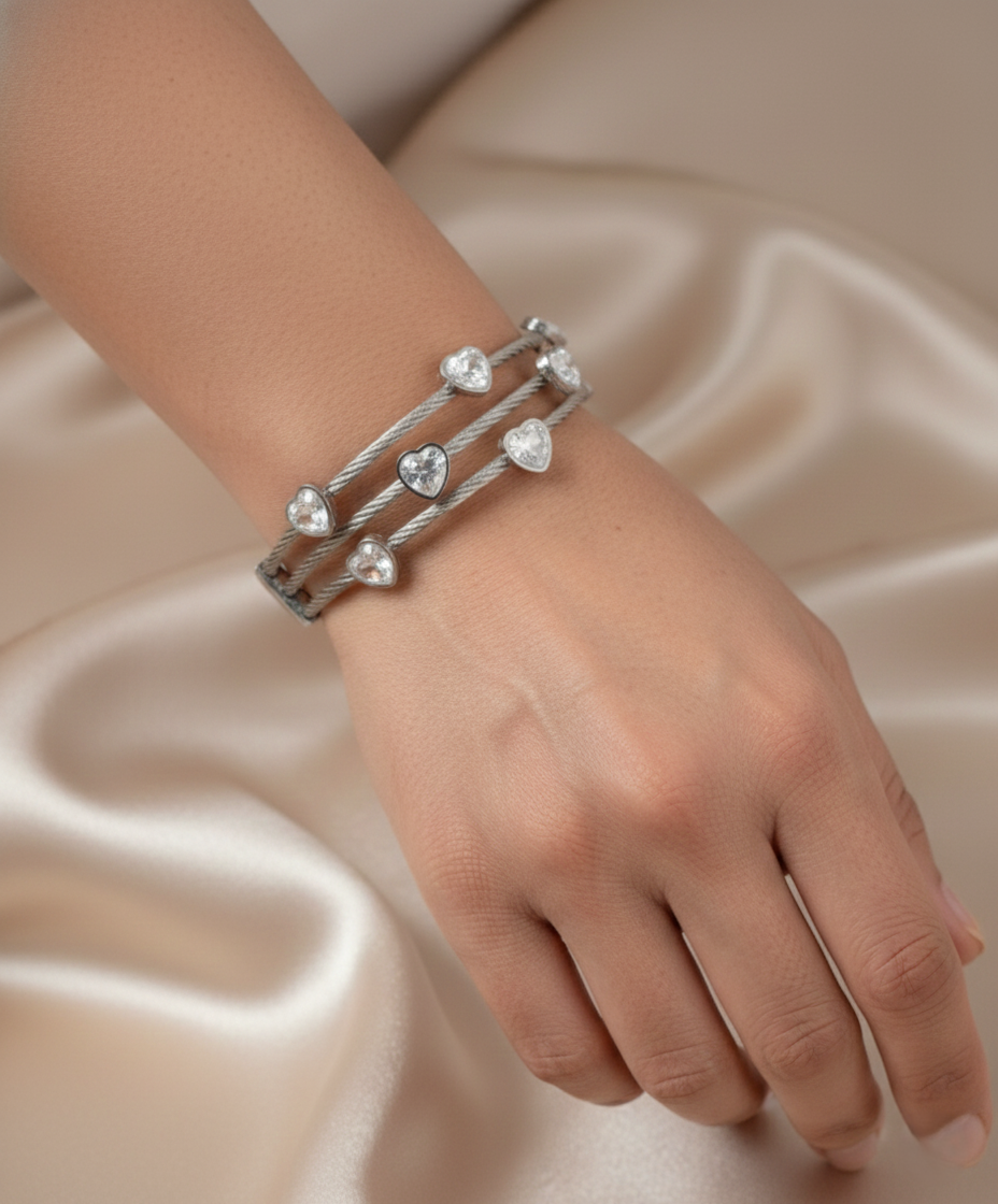 Nisa Premium Silver-Polish Heart Design With Diamond Studded Bracelet For Women and Girls