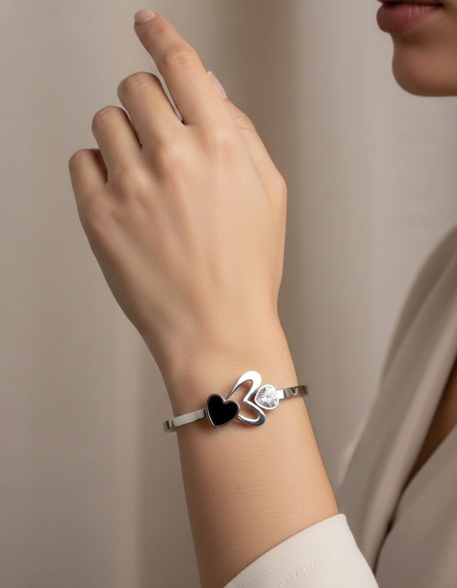 Nisa Premium Silver-Polish Heart Design With Diamond And Black Ceramic Studded Bracelet For Women and Girls