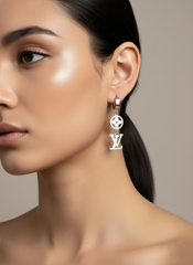 Stainless Steel Silver Monogram & Flower Drop Earrings