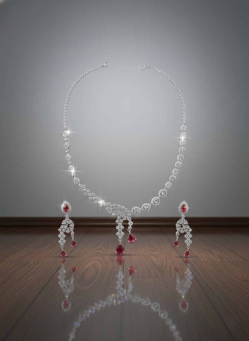 The Nisa Pear-Drop Ruby & Zirconia AD Necklace Set