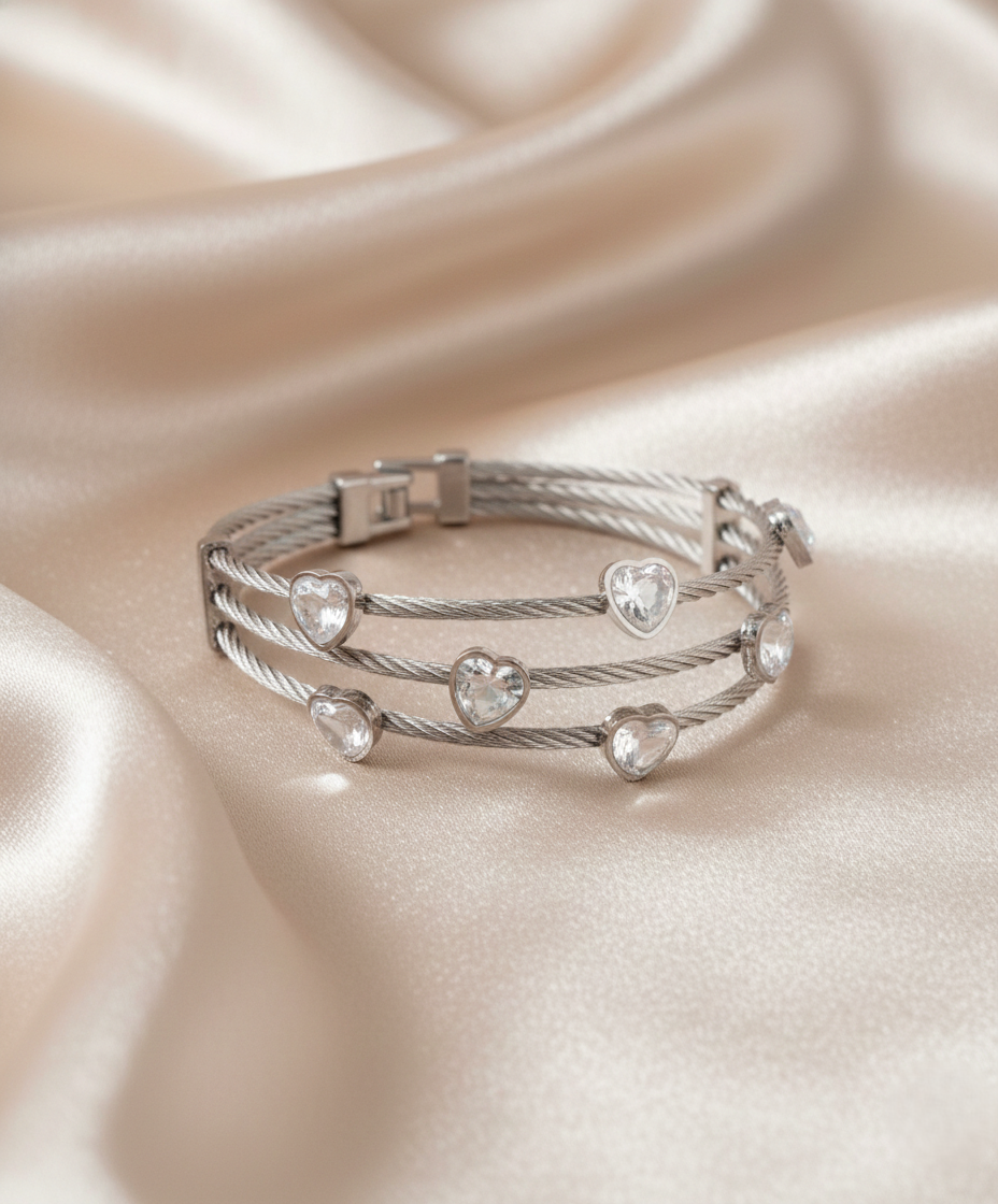 Nisa Premium Silver-Polish Heart Design With Diamond Studded Bracelet For Women and Girls