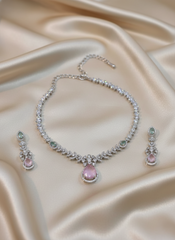 Pink & Mint Green AD Necklace & Earring Set