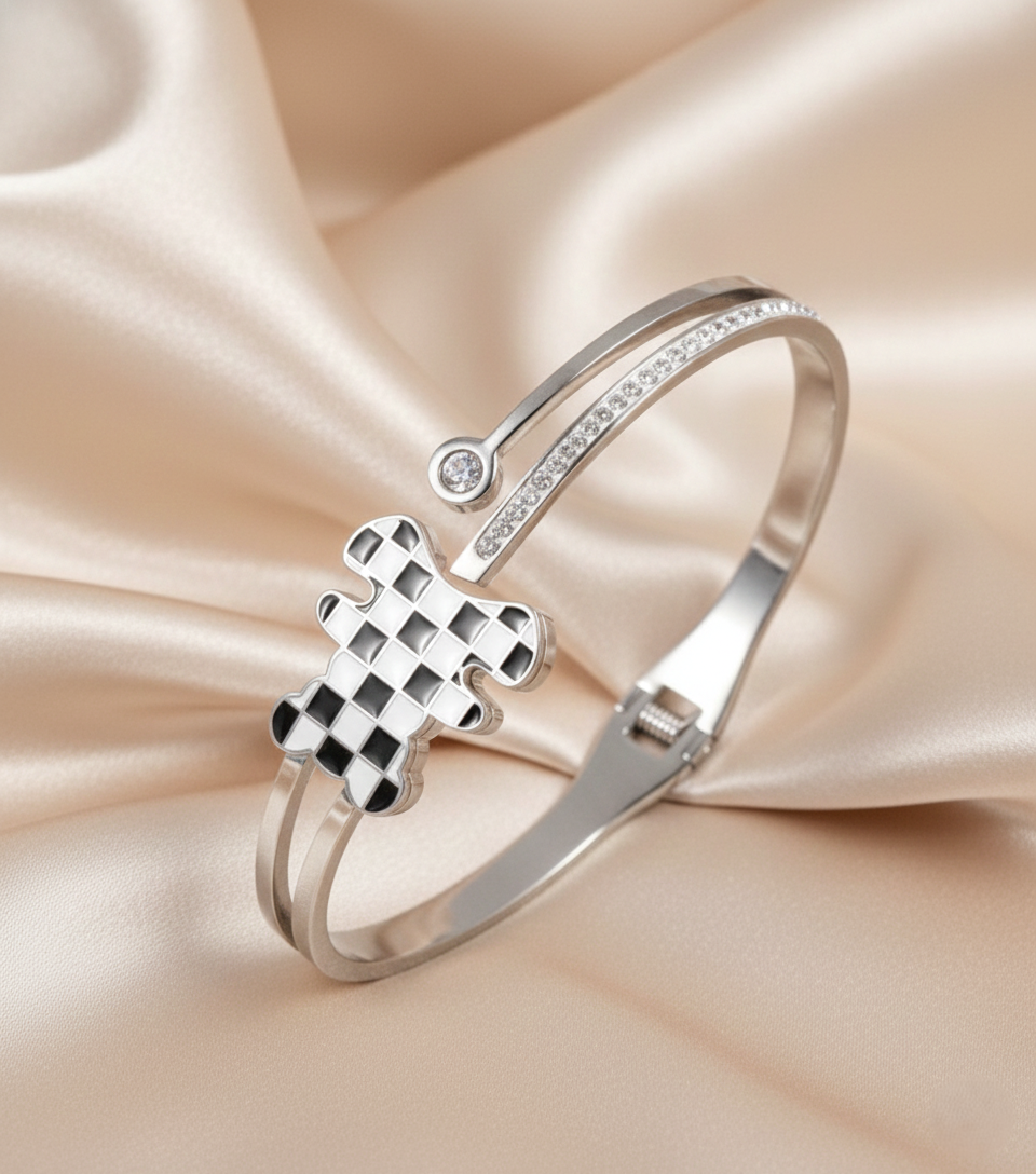 Nisa Premium Silver-Polish Teddy-Bear Chess Design With Diamond Studded Bracelet For Women and Girls