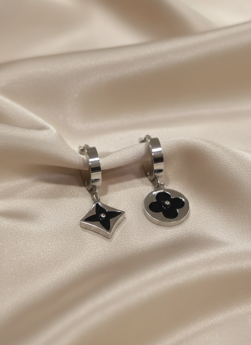 Stainless Steel Silver-Tone Black Enamel Flower & Star Drop Earrings
