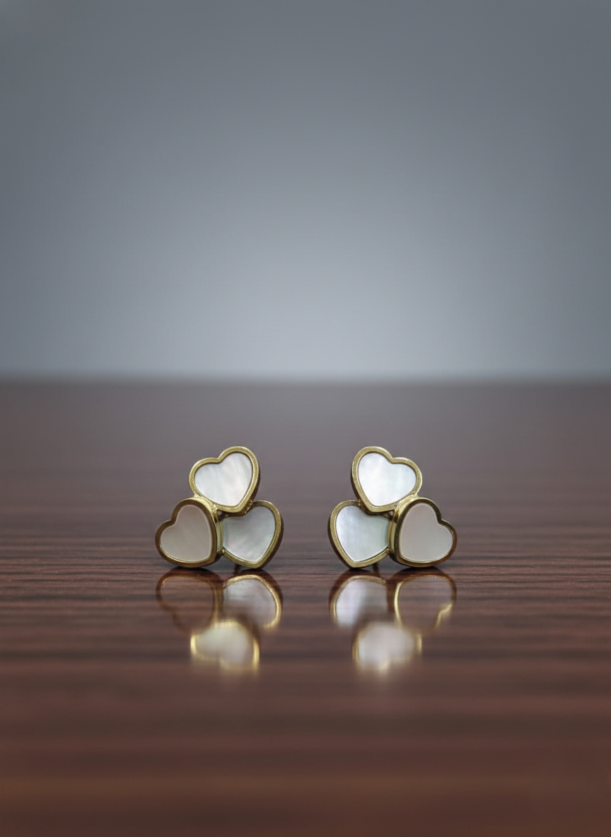 Stainless Steel Triple Heart White  & Gold Studs